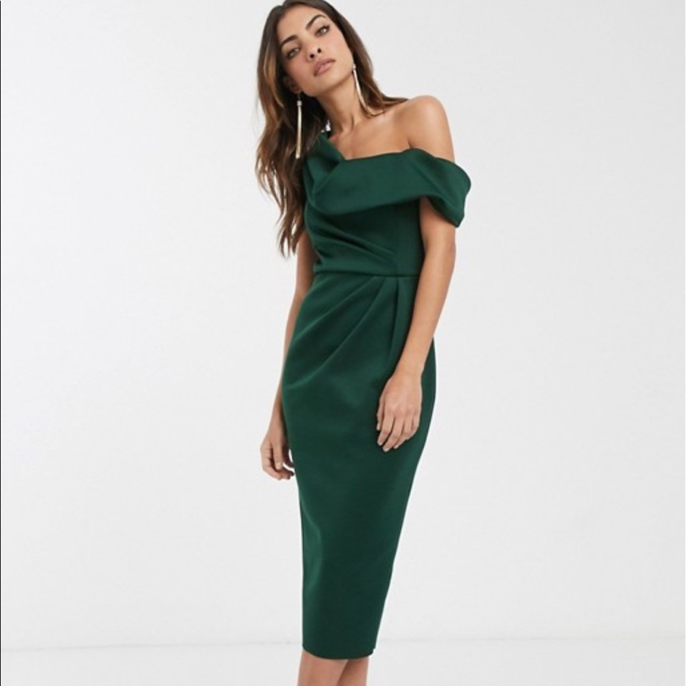 ASOS -Green drape fallen shoulder midi dress